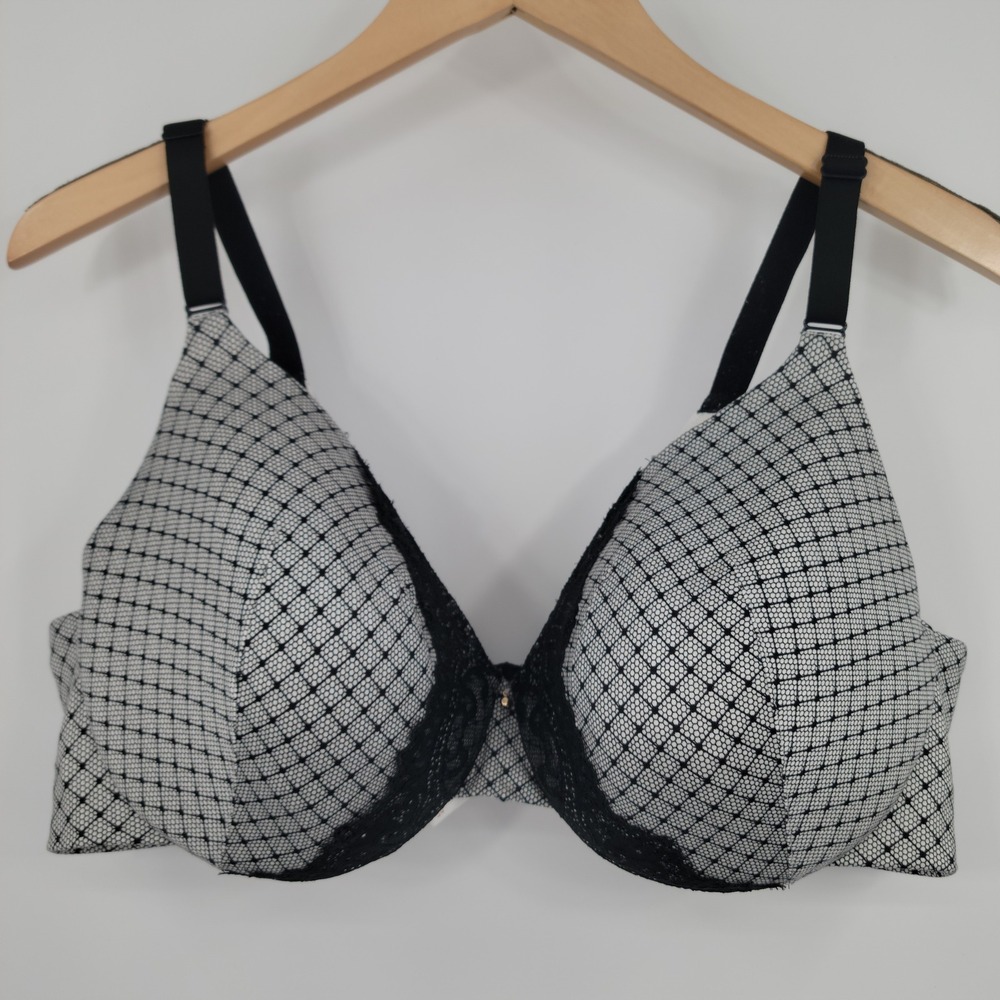 Cacique Lightly Lined Full Coverage Bra Women 42D Black White Geometric Lace